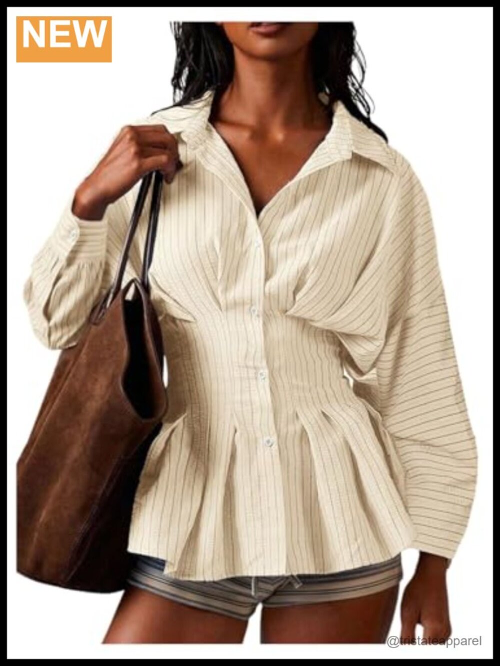 Women's Striped Peplum Button Down Long Sleeve Blouse - Cinched Waist Collared